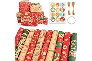 Coicok 10 Fogli Carta da Regalo Natalizia, Carta Regalo Natalizia Kraft, con 2 Rotolo di Corda di iuta e 1 Adesivi Natalizi, Carta da Regalo per Regali, per Confezionare Regali di Natale (70 x 50 cm)