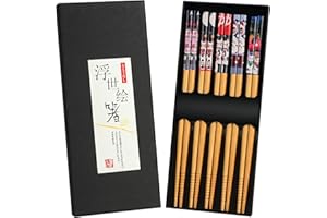 AMFUN 5 par japońskich pałeczek, bambusowe pałeczki wielokrotnego użytku, zestaw prezentowy, pałeczki do jedzenia, nadają się do mycia w zmywarce