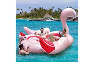 COSTWAY Inflatable Flamingo Floating Island, 4-6 Person Giant Pool Floats with Electric Pump & 6 Cup Holders, Float Water Toy for Lake, River, Beach, 320 x 308 x 175cm