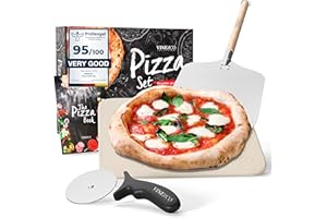VINENCO Pietra refrattaria per Pizza da Forno e Grill | Kit con pala, libro ricette e rotella tagliapizza | Piastra Stone Set per barbecue a gas | Piano cottura accessori Lastra per pane e paletta pizze