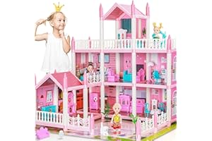 GIRLDIARY Doll House for 3 4 5 6 7 8 Year Old Girls - 4 Dollhouse Dolls, LED Light, 3-Story 8 Rooms Playhouse with Accessories Set, Furnished Pretend Play House Birthday for Kids