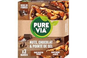 Pure Via Barres de Céréales Nuts, Chocolat & Pointe de Sel - Riches en fibres - Sans sucre ajouté | 3 x 35g