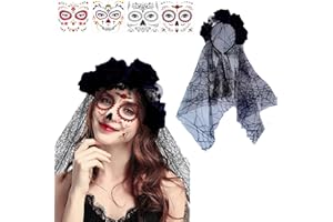 PTBWS Fasce per Capelli Cerchietto Floreale con Velo,halloween giorno dei morti velo,Cerchietto per capelli morti per Halloween,4 Tatuaggi Viso Halloween,per donne e festival, festa carnival