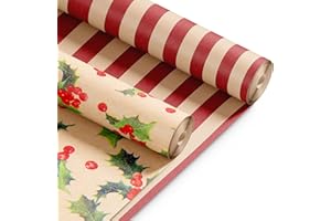 Kraft & Co 2 Pack Christmas Wrapping Paper Roll - Festive Designed Recyclable Kraft Paper, Perfect for Holiday Gifts, Arts & Crafts-Wrapping for a Merry Christmas (44.5cm x 25m) (Holly)