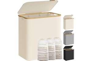 SONGMICS Cesto Portabiancheria con Coperchio a 3 Scomparti, Cesta per Bucato, 150L, Sacco Rimovibile, Tessuto Oxford, Manici di Bambù, Pieghevole, 60 x 38,5 x 70,5 cm, Bianco Crema LCB515W01