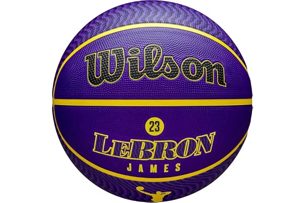 WILSON NBA Player Icon, Ballon de Basket d'Extérieur, Joueur Vedette Lebron James, Adhérence Exceptionnelle et Utilisation Adaptable, Couleur: Violet/Jaune, Taille: 7