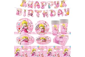 Pusuanzi Peach Pappteller Kindergeburtstag, Princess Peach Geburtstagsteller 52-Stück Partygeschirr Set Geburtstag- 7'' Teller, 9'' Teller, Pappbecher, Servietten, Tischdecke, Banner