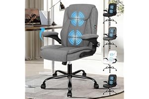 ELFORDSON Massage Office Chair, Mid-back Executive Chair with 90° Flip-up Armrests, Comfy Work Chair with adjustable Height, Ergonomic Swivel Gaming Chair, Fabric, Grey