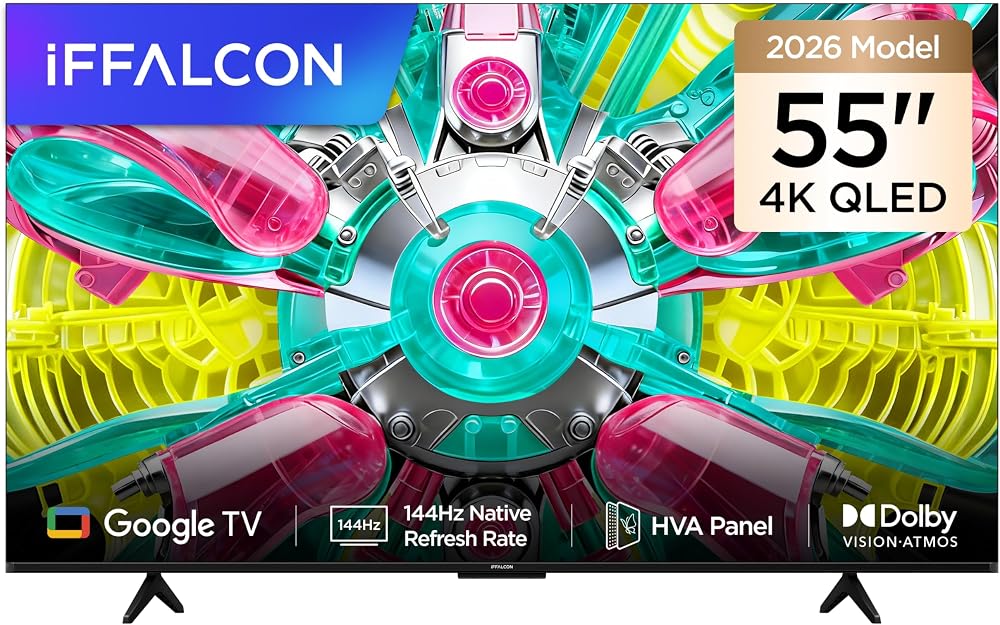 iFFALCON 55U75A 55 İnç Smart TV 4K QLED Renkli Quantum Crystal HDR 10+ Gaming Google TV, 144Hz Doğal Yenileme Hızı, Dolby Vision Atmos, DTS Virtual X, MEMC, Game Master (2026 Modeli) [Enerji Sınıfı F]