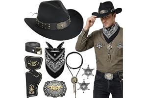 Saier tbo 8 st västerländsk cowboy kostym accessoarer set med hatt paisley + bandana + hölster + bä + bolospänne + slips +