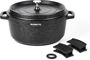 ROSSETTO 6,6L Cocotte ronde en fonte d’aluminium, revêtement antiadhérent en céramique. Couvercle avec picots saveurs. Compatible tous feux dont induction et au four jusqu’à 220℃, 28cm, Noir