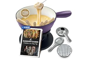 Ottia Gusseisen Fondue Set für 2, 3, 4, 5, 6 Personen, 3-lagige Emaille, Schadstofffrei, 10-teilig mit Brenner+Gabeln+Rezeptbuch, Fondü-Set, Käsefondue, Fleischfondue, Schokofondue, Hamburger Händler
