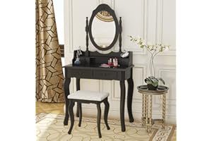 PALDIN Black Dressing Table, Modern Makeup Table 4-Drawer Vanity Dresser Set With Stool & Oval Mirror Bedroom Dresser, Size: h 136cm x w 75cm x d 40cm. (Black)