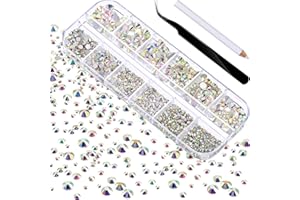 TECUNITE 2000 Pièces Gems à Dos Plat Rond Cristal Strass 6 Tailles (1.5 - 6 mm) avec Pick Up Tweezer et Stylo de Cueillette de Strass pour Crafts Nail Face Art Vêtements Chaussures Sacs DIY (Crystal AB)