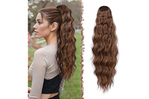 FESHFEN Coda Capelli Extension Ondulati Lunghe, Coda Finta Capelli con Pettine Sintetici Posticci Ponytail Ricci Onda Coda di Cavallo Extensions per Donne, 60 cm Marrone Scuro con Riflessi Castano