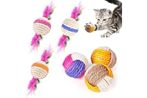 QUNKUN 6 pezzi Palla In Sisal Per Gatti, Naturale Sisal Ball con Piume, Masticare la Palla per Gatti, Palla Giocattolo Interattivo per Animali Domestici e Gatti, Forniture per Animali Domestici per Gatti