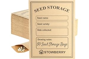 STOWBERRY frökuvert – 50 små Bruna papperspaket tryckta med namnetikettmall, 10,5 x 8 cm, Perfekt för fröbesparing, samling