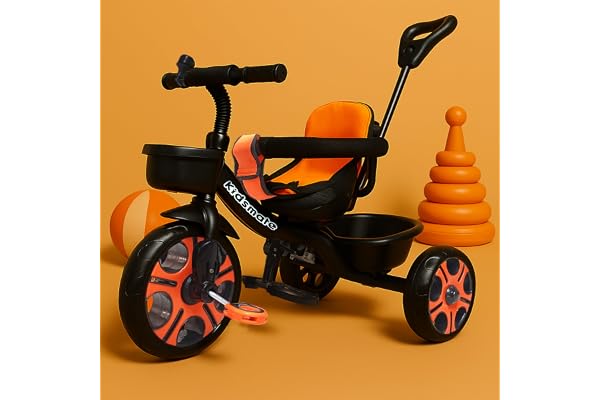 Kidsmate Thunder Plug N Play Kids/Baby Tricycle with Safety Guard Rail and Parental Control Storage Basket Fabric Cushion Seat & Bell for 12 Months to 48 Months Boys/Girls (Black_Orange)