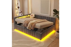 RIAZOS Polsterbett Schlafsofa 140x200, Doppelbett mit Hydraulischem Stauraum, mit LED-Licht und USB-Ladefunktion, Tagesbett Jugendbett mit Lattenrost, Samtstoff, ohne Matratze, Grau