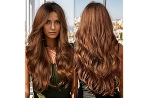 ALLBELL Ingwer Perücke für Frauen Lange Lockige Welle Synthetische Haar Perücke mit dunklen Wurzeln Mittelteil