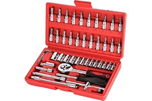 Wopeite Juego de Llaves de Vaso 1/4" Adaptador Cromo Vanadio de bricolaje para el coche 46 Piezas Rojo