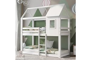 Merax Bunk Bed, Children Cabin Bed, Single Bed for Kids, Twin Sleeper, Solid Pine Wood,3FT -White