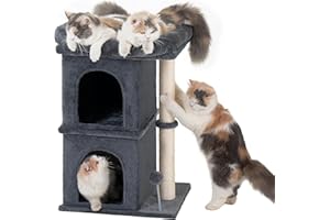 Aechonow 61cm Cat Tree Tower For Large Adult Cats, 48 * 40cm Big Window Perch Bed, 2 Cat Condos House for Indoor Kittens, Natural Sisal Scratching Post, Dark Gray