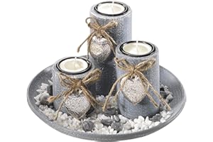 ‎KOBOLO Kobolo Dekoschale rund mit 3 Kerzenhaltern - Kunststoff - grau - inkl. Steindekoration