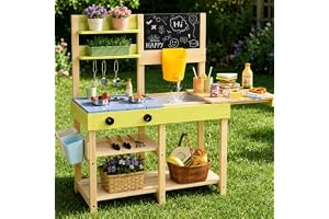 Dreamon Mud Kitchen, utomhusleksaker i trä för småbarn i åldern 3–5 år, trädgårdskökset för barn med diskbänk, skrivtavla och trädgårdstillbehör, matlagningsspel, gåvor för pojkar, flickor, ålder 3+