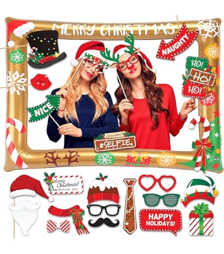 32Pcs Christmas Photo Booth Props, Xmas Party Photobooth Props with Temporary Tattoos for Family Photos and Christmas Events Party Supplies