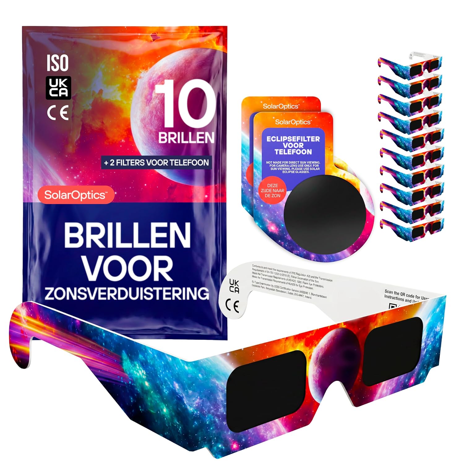 Zonsverduisteringsbrillen 10-pack met 2 smartphonefilters – ISO 12312-2 en CE-gecertificeerd, AAS 2026, complete set voor het observeren en fotograferen van de zonsverduistering