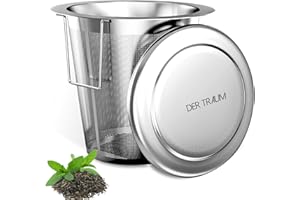 Der Traum Sitko do herbaty, stal nierdzewna 304, drobna siatka, nadaje się do mycia w zmywarce, składane uchwyty i pokrywka - zaparzacz do herbaty liściastej