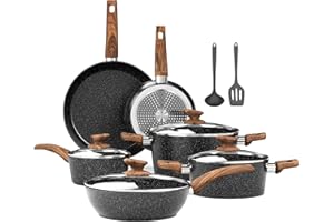 ‎KITCHEN ACADEMY BETTER LIVING THROUGH COOKING PERFECTION Kitchen Academy Induktion Töpfe Set - 12-teilige Schwarze Granit Kochtöpfe Set,Antihaft Topfset und Pfannen Set,PFOA & PFOS-freie