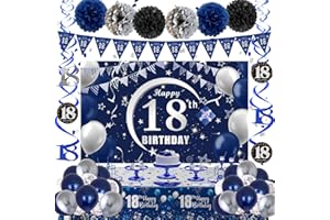 NAVDRIVL 18th Birthday Decorations for Boys Girls, 18th Birthday Banner Backdrop Balloons Blue and Silver, Happy 18 Bday Decorations Banners Tablecover Triangle Flag, 18 Year Old Bday Gifts Party Supplies