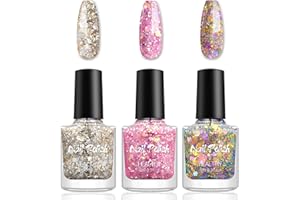 VIRELLAY 3 Pcs Gold Rosa Glitzer Nagellack Set - Schnelltrocknender Nagellacke Ohne UV Lampe - Ungiftig Nagellack Auf Wasserbasis - Langlebig Nail Polish Nagelack für Frauen DIY Nagelkunst Zu Hause (Pink Gold)
