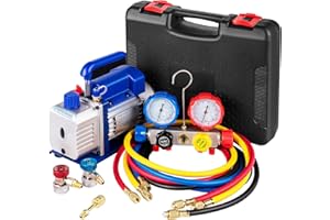 VEVOR Pompe à Vide Climatisation, 136 L/Min, Pompe à Vide Frigoriste CVC 1/3 HP avec Kit Jauges de Collecteur à 4 Voies et Tuyau 1440 TR/Min Sac de Transport pour Climatiseur Automobile Réfrigération