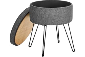SONGMICS Puff Almacenaje, Baul Almacenaje, Banco Almacenaje Redondo, Taburete de Tocador, Capacidad de 13,4 L, Patas de Metal, Asiento Acolchado, Gris Oscuro LOM002G02