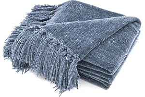 RECYCO Chenille Throw Blanket with Tassels Soft Cozy Sofa Chair Bed Gift, 152x127cm, Dusty Blue