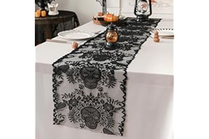 Vspek Halloween Table Runner - Black Lace Placemats, Halloween Decorations Indoor, Dining Table Decor for Masquerade Party Centerpiece, Skull Sheer Netting Desk Decor, Set of 5, 12x71 Inch