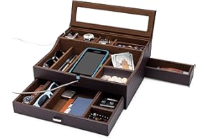 HOUNDSBAY Mens Valet Box Organizer, Large Leather Valet Tray for Men, Mens Valet Tray Organizer with Charging Station, Mens Jewelry Box Organizer for EDC Valet Mens Accessories, Nightstand Bedside Dresser Top