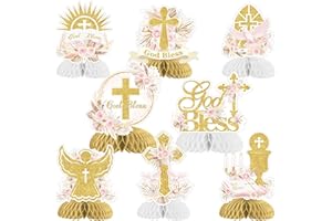 JOYMEMO 8 Pieces Baptism Honeycomb Centerpieces for Girls, Pampas Grass Baptism Table Decorations, Boho First Holy Communion Christening Party Supplies