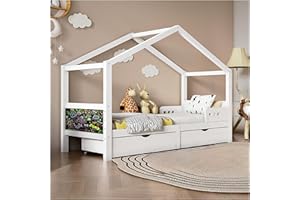 Racxily Letto per bambini con 2 cassetto,letto montessori bambini 90 x 200 cm con pannello per graffiti, letto bambini con protezione anticaduta e rete a doghe stabile,Bianco,senza materasso