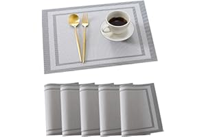 HONGP Place mats set of 6,Table Mats Non-slip Heat Resistant Dining Kitchen Table Mats Washable Crossweave Woven Vinyl table mats set of 6 (11.8 in x 17.7 in) (Silver stripes)
