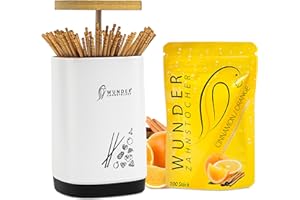 ‎PERFEKTO24 Zahnstocherspender von Wunder Zahnstocher - Spender mit easy-lift Funktion - Zahnstocherhalter + 1 Refill Pack (100 Zahnstocher) - Zahnstocher mit Geschmack (SPENDER + ZIMT/ORANGE REFILL)