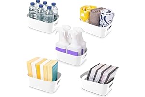 Under Sink Storage Boxes – Strong Storage Baskets with Handles – Home, Kitchen and Bathroom Organiser – Rectangular Multi Use Storage Boxes –– Stackable Pantry Basket – White, 5pcs – by Stackzy