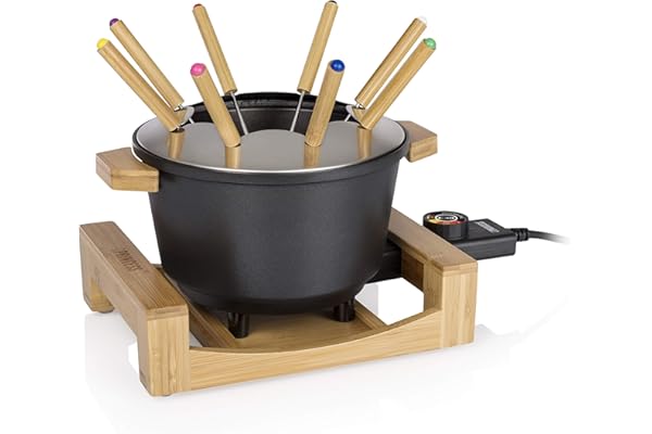 Princess Service à fondue 1,5 L pour 8 personnes – Design en bambou, caquelon antiadhésif, thermostat réglable, 8 fourchettes incluses, polyvalent, facile à nettoyer