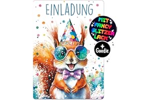 CALLUNA PRODUKTE MIT HERZ CALLUNA® Eichhörnchen GLITZER Einladungen Kindergeburtstag Mädchen und Junge – 12 Stück – Witzige Hörnchen Geburtstag Einladungen mit buntem Glitzerlack – Einladungskarten Kids & Teenies (o. Hülle)