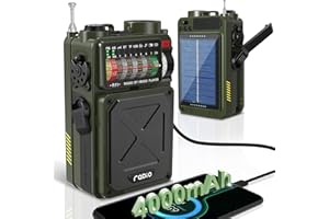 RYCHI Radio zum Aufziehen – AM/FM/SW Notfall-Solarradio mit Bluetooth, 4000 mAh wiederaufladbare Powerbank, Taschenlampe, SOS-Alarm, Kopfhöreranschluss, SD-Karte, USB, Handkurbel für Camping, Wandern