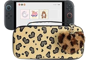 DLseego Étui de Transport Compatible avec Switch 2,Cœur Léopard Dur Sacoche de Protection,Pochette Portable de Rangement Jeux de Voyage avec 1 PC en Peluche Coeur Léopard Breloque,Marron