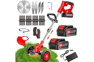 TUCSSARG Débroussailleuse Electrique sans Fil 21V 4.0Ah Coupe Bordure avec 2 Batterie et Chargeur Taille Bordure avec Roues & 3 Types De Lames,Légère à Faible Bruit pour La Coupe De Jardin, Pelouses Arbustes